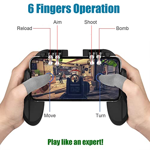 8 in 1 PUBG Mobile Phone Game Controller w/Cooling Fan, Cell Phone Gaming L2R2 L1R1 Triggers gamepad for PUBG/Fortnite/Call of Duty for 4.7-6.5" Android iOS Phone with 6pcs Finger Sleeves