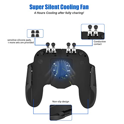 8 in 1 PUBG Mobile Phone Game Controller w/Cooling Fan, Cell Phone Gaming L2R2 L1R1 Triggers gamepad for PUBG/Fortnite/Call of Duty for 4.7-6.5" Android iOS Phone with 6pcs Finger Sleeves