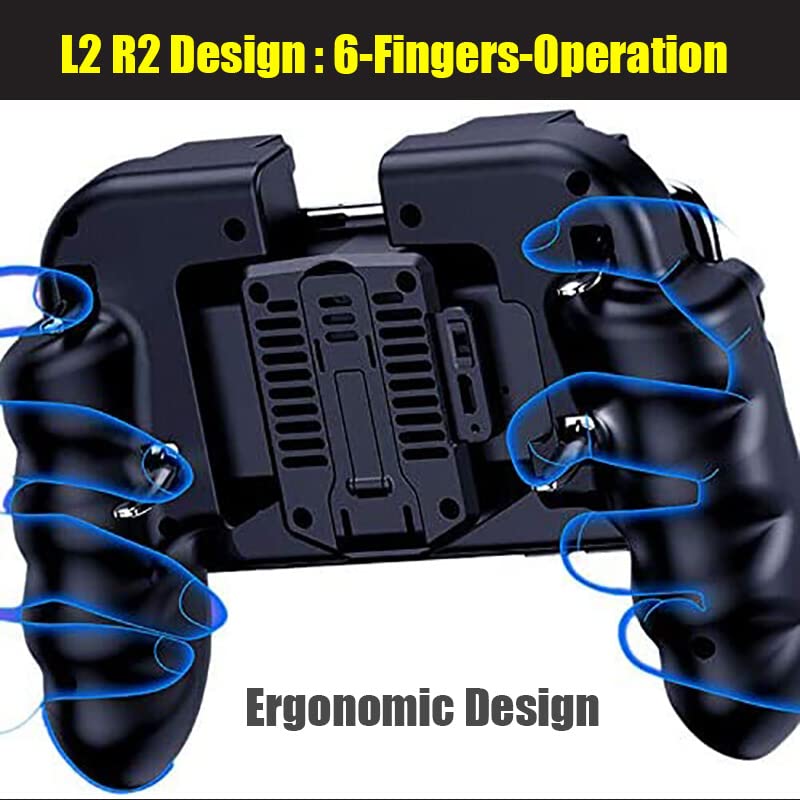 8 in 1 PUBG Mobile Phone Game Controller w/Cooling Fan, Cell Phone Gaming L2R2 L1R1 Triggers gamepad for PUBG/Fortnite/Call of Duty for 4.7-6.5" Android iOS Phone with 6pcs Finger Sleeves