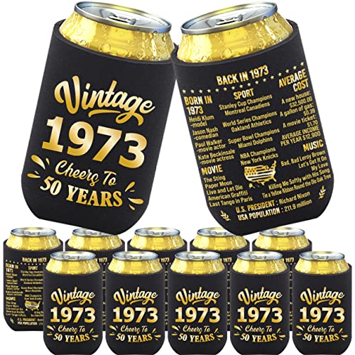 BdayPtion 50th Birthday Decorations for Men Women, 50th Party Decorations, 50 Year Old Bday Party Supplies, Fifty Birthday Present, Black and Gold Pack of 12 Can Cooler Sleeves