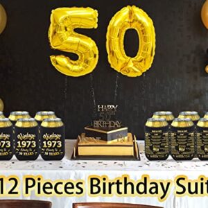 BdayPtion 50th Birthday Decorations for Men Women, 50th Party Decorations, 50 Year Old Bday Party Supplies, Fifty Birthday Present, Black and Gold Pack of 12 Can Cooler Sleeves