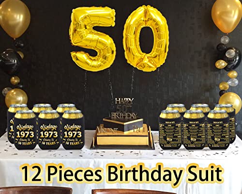 BdayPtion 50th Birthday Decorations for Men Women, 50th Party Decorations, 50 Year Old Bday Party Supplies, Fifty Birthday Present, Black and Gold Pack of 12 Can Cooler Sleeves