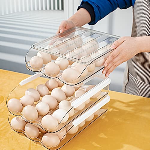 Rubtlamp Clear Egg Holder for Refrigerator，Plastic Rolling Egg Storage Container for Fridge with Lid，3 Drawers Stackable Egg Fresh Storage Box，54 Capacity Egg Storage Bin for Kitchen