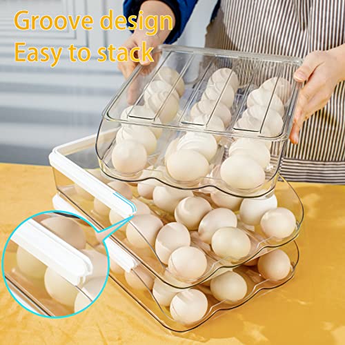 Rubtlamp Clear Egg Holder for Refrigerator，Plastic Rolling Egg Storage Container for Fridge with Lid，3 Drawers Stackable Egg Fresh Storage Box，54 Capacity Egg Storage Bin for Kitchen