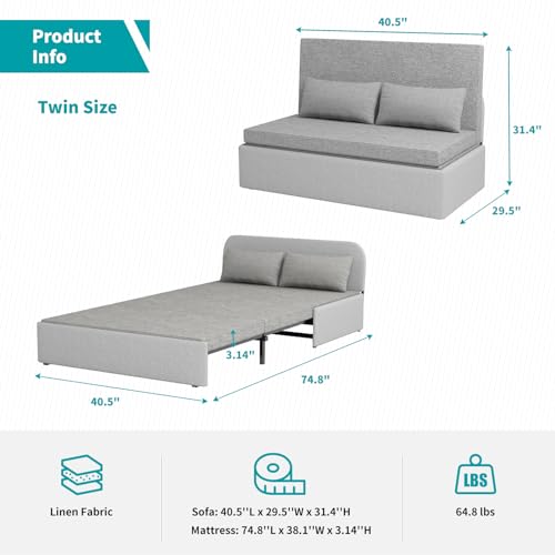 BALUS Convertible Pull Out Linen Sofa Bed, Modern Reversible Sleeper Sofa Couch for Living Room/Apartment/Loft,2 Pilliows &Matress (Grey, Twin)