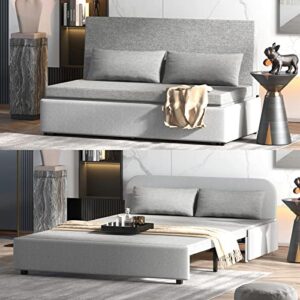 BALUS Convertible Pull Out Linen Sofa Bed, Modern Reversible Sleeper Sofa Couch for Living Room/Apartment/Loft,2 Pilliows &Matress (Grey, Twin)