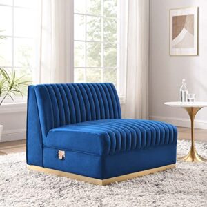 modway sanguine channel tufted performance velvet modular sectional sofa ottoman, armless chair, navy