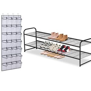 AOODA 28 Large Mesh Pockets Over The Door Shoe Organizer Hanging, 2 Tier Metal Long Shoe Rack for Closet Wide Low Shoe Shelf, 2 Item Bundle