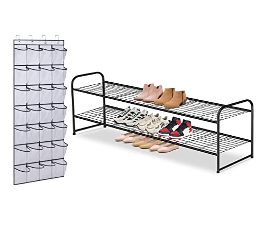 AOODA 28 Large Mesh Pockets Over The Door Shoe Organizer Hanging, 2 Tier Metal Long Shoe Rack for Closet Wide Low Shoe Shelf, 2 Item Bundle