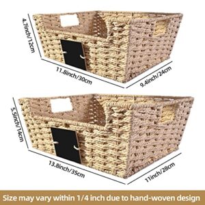 OUTBROS Storage Box Hand-Woven Wicker Storage Baskets, Multipurpose Open-Front Bin, Shelf Nesting Baskets, Desktop Makeup Organizer Container with Built-In Carry Handles, Paper Rope, Natural