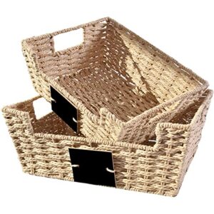 outbros storage box hand-woven wicker storage baskets, multipurpose open-front bin, shelf nesting baskets, desktop makeup organizer container with built-in carry handles, paper rope, natural