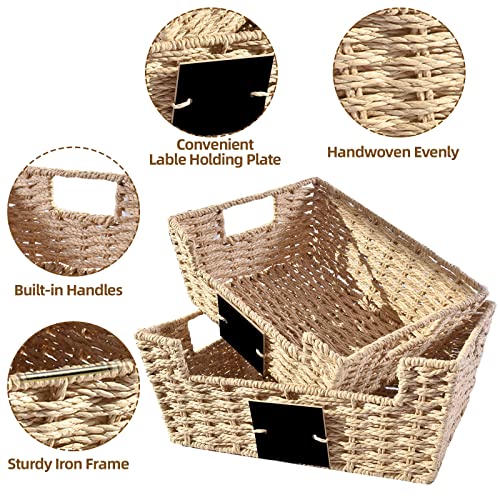 OUTBROS Storage Box Hand-Woven Wicker Storage Baskets, Multipurpose Open-Front Bin, Shelf Nesting Baskets, Desktop Makeup Organizer Container with Built-In Carry Handles, Paper Rope, Natural