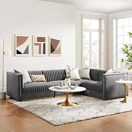 Modway Sanguine Channel Tufted Performance Velvet Modular Sectional, 4-Piece Right-Facing Sofa, Grey