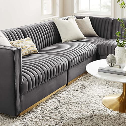 Modway Sanguine Channel Tufted Performance Velvet Modular Sectional, 4-Piece Right-Facing Sofa, Grey