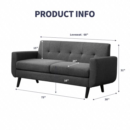 ZAFLY 68" Futon Sofa Modern Love Seat Sofa Button Tufted Upholstered Loveseat Couch Furniture with 5.9" Upholstered Cushion for Living Room Bedroom Office Apartment, 2-Seat (Dark Gray)