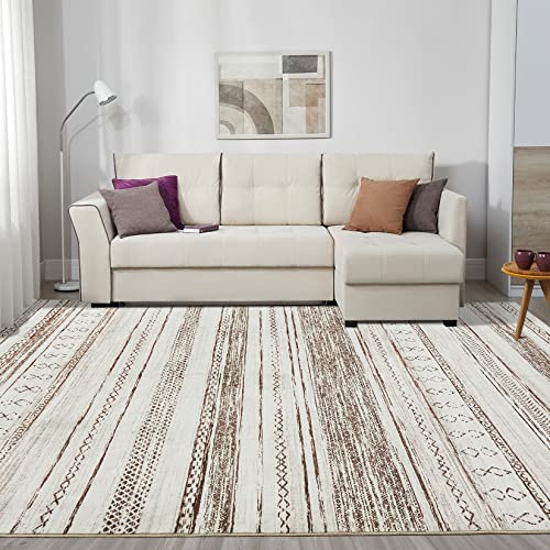 Area Rug Living Room Rugs - 5x7 Washable Large Soft Neutral Boho Moroccan Bohemian Farmhouse Rug Indoor Floor Carpet for Bedroom Under Dining Table Home Office Decor - Cream Brown