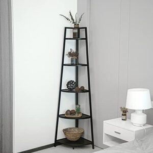 acllkswx 70 inch rustic corner shelf 5 tier tall corner bookshelf bookcase plant stand for living room, kitchen, home office (black)