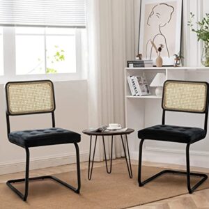 COLAMY Mid Century Modern Dining Chairs Set of 2, Velvet Rattan Dining Room Kitchen Side Chairs with Metal Chrome Legs and Upholstered Seat for Home, Living Room, Bedroom - Black