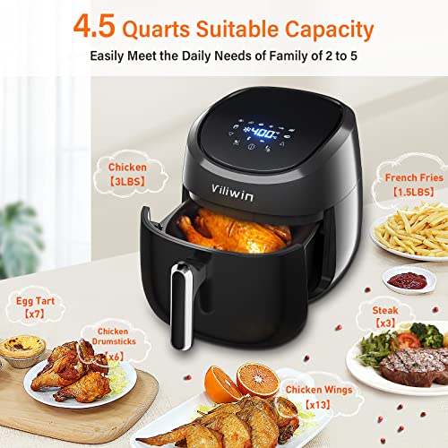 VILIWIN Air Fryer 4.5 QT 8 Preset Menus AirFryer with Auto Shut Off 30 Minute Timer Adjustable and Air Fryer Paper Liners 50PCS Disposable Square Parchment Liner 6.3 inch for 4-6 QT Air Fryers