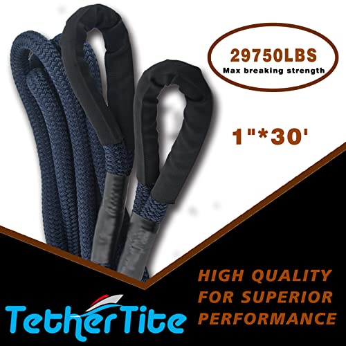 TetherTite Kinetic Eneygy Recovery Tow Rope 1IN 30FT 29750lb Breaking Strength with Reinforced Loop & Protective Sleeve for UTV, ATV, Truck, Car, Jeep, Tractor (1" x 30' Blue)