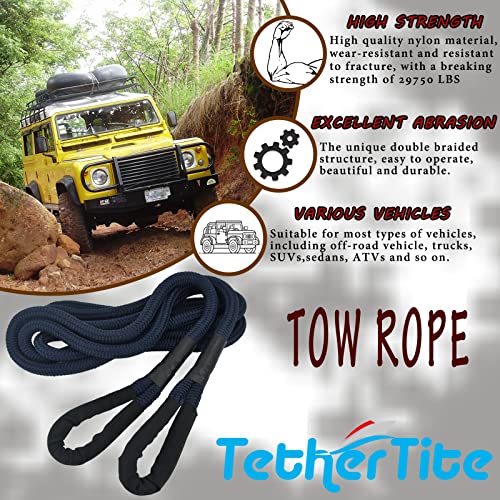 TetherTite Kinetic Eneygy Recovery Tow Rope 1IN 30FT 29750lb Breaking Strength with Reinforced Loop & Protective Sleeve for UTV, ATV, Truck, Car, Jeep, Tractor (1" x 30' Blue)