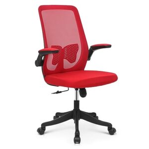 monibloom ergonomic desk chair lumbar support, comfy swivel task chair adjustable height breathable mesh study chair with flip-up arms 360 swivel office chair for adult teen 250 lbs capacity, red