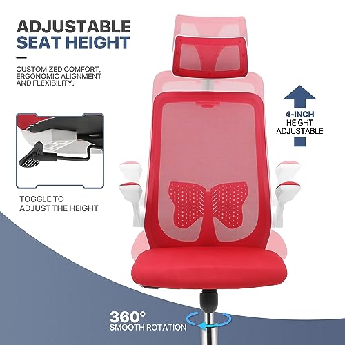 MoNiBloom Ergonomic Office Desk Chair Swivel Breathable Mesh Computer Chairs with Headrest and Lumbar Support, 95°-125° Adjustable High Back Chair, 250 LBS Capacity, Red