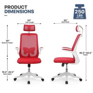 MoNiBloom Ergonomic Office Desk Chair Swivel Breathable Mesh Computer Chairs with Headrest and Lumbar Support, 95°-125° Adjustable High Back Chair, 250 LBS Capacity, Red