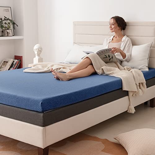 Erdoru 2 Inch Memory Foam Mattress Topper with Removable and Washable Cover, Pressure-Relieving Layers/CertiPUR-US Certified, 2" Comfort Topper(Blue, Queen)