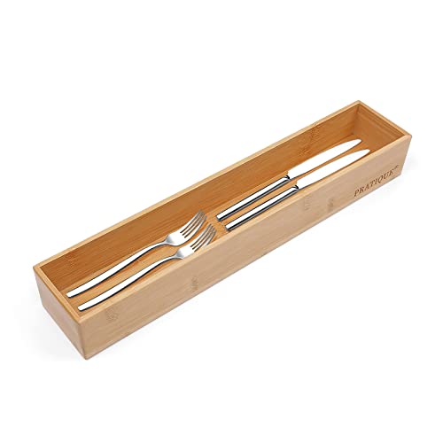 PRATIQUE Bamboo Drawer Organizer,Kitchen Utensil Organizer Silverware Tray,Cutlery Holder, Wood Storage Box for Flatware, Makeup, Bathroom, Office Desk,15 * 3 * 2,Bamboo