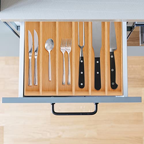 PRATIQUE Bamboo Drawer Organizer,Kitchen Utensil Organizer Silverware Tray,Cutlery Holder, Wood Storage Box for Flatware, Makeup, Bathroom, Office Desk,15 * 3 * 2,Bamboo