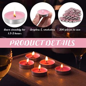 200 Pcs Tea Lights Candles Smokeless Tealight Candles Mini Tealight Candles Dripless Candles Bulk for Dinner Party Home Decoration Wedding Centerpiece Birthday Valentine's Day (Pink)