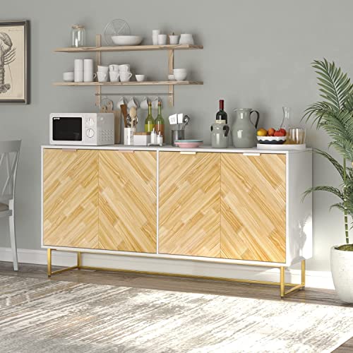 Sideboard Buffet Cabinet Storage Cabinet with Door and Golden Metal Legs, White Coffee Bar Cabinet Buffet Cabinet Accent Cabinet for Kitchen Living Room, Living Room, Entryway (55 Inch)