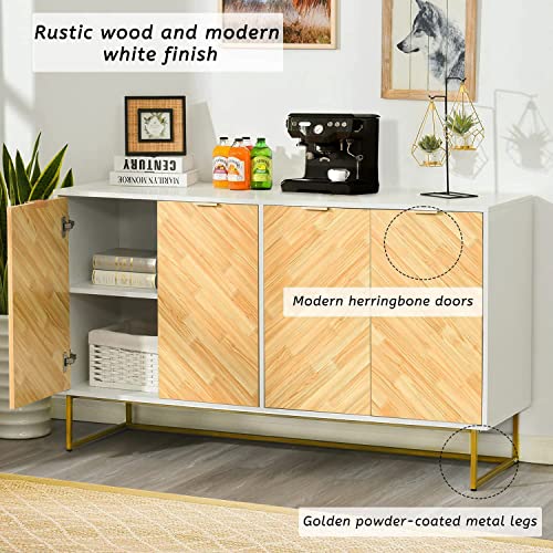 Sideboard Buffet Cabinet Storage Cabinet with Door and Golden Metal Legs, White Coffee Bar Cabinet Buffet Cabinet Accent Cabinet for Kitchen Living Room, Living Room, Entryway (55 Inch)