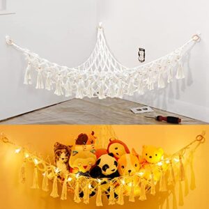 stuffed animal toy storage net or hammock with led light toy net hammock for stuffed animals with 3 hooks toy organizer and storage for kids bedroom