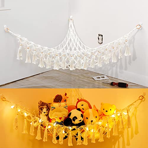 Stuffed Animal Toy Storage net or Hammock with LED Light Toy Net Hammock for Stuffed Animals with 3 Hooks Toy Organizer and Storage for Kids Bedroom