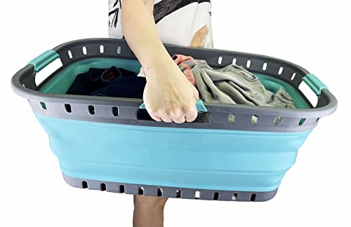 SAMMART 44L (11.6 gallon) Collapsible Plastic Laundry Basket-Foldable Pop Up Storage Container-Portable Washing Tub- pace Saving Hamper, Water Capacity: 35L (9.2 gallon) (Grey/Crystal Blue (Set of 2))