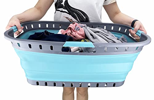 SAMMART 44L (11.6 gallon) Collapsible Plastic Laundry Basket-Foldable Pop Up Storage Container-Portable Washing Tub- pace Saving Hamper, Water Capacity: 35L (9.2 gallon) (Grey/Crystal Blue (Set of 2))