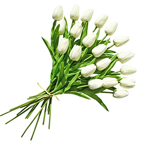 ONLY ART 20pcs Cream Artificial Tulip Flowers with Soft Latex Materials for Mother's Day Home & Kitchen Decoration