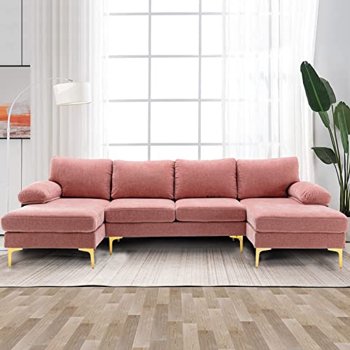 Pvillez Sectional Sofa w/Double Chaise Lounge Large Convertible Couches Chenille U-Shape Couch w/Detached Rolled Arms and Golden Legs Modern Oversize Sectional Couch for Living Room,Office