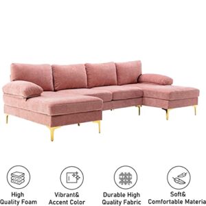 Pvillez Sectional Sofa w/Double Chaise Lounge Large Convertible Couches Chenille U-Shape Couch w/Detached Rolled Arms and Golden Legs Modern Oversize Sectional Couch for Living Room,Office