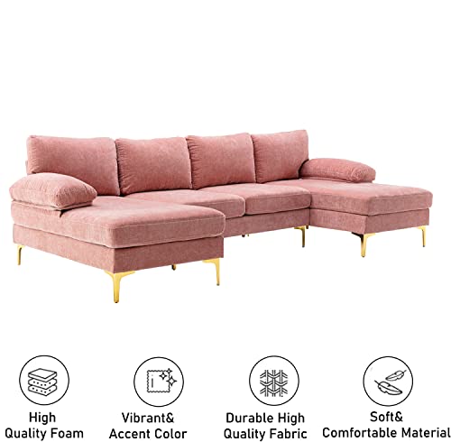 Pvillez Sectional Sofa w/Double Chaise Lounge Large Convertible Couches Chenille U-Shape Couch w/Detached Rolled Arms and Golden Legs Modern Oversize Sectional Couch for Living Room,Office