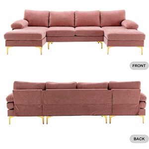 Pvillez Sectional Sofa w/Double Chaise Lounge Large Convertible Couches Chenille U-Shape Couch w/Detached Rolled Arms and Golden Legs Modern Oversize Sectional Couch for Living Room,Office