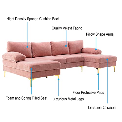 Pvillez Sectional Sofa w/Double Chaise Lounge Large Convertible Couches Chenille U-Shape Couch w/Detached Rolled Arms and Golden Legs Modern Oversize Sectional Couch for Living Room,Office