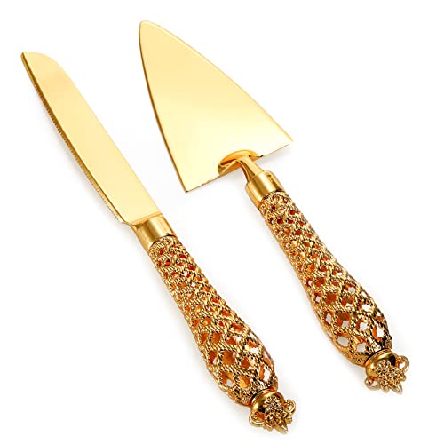 yarlung Gold Cake Knife and Server Set, Elegant Wedding Cake Cutting Serving Set with Luxurious Handle, Pie Cutter Spatula Utensils for Birthday Party Events, Valentine's Day Gift