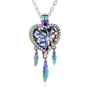 shajwo cremation jewelry dream catcher heart urn necklace for ashes for women men keepsake memorial hollow pendant,rainbow-silver