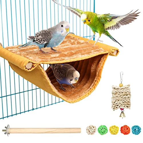 Omawrf Bird Hammocks Winter Warm Bird Nest House Plush Parrot House Bed Hammock Tent Toy Bird Cage Perch Stand for Budgies Parakeet Cockatiels Hamster Other Small Animals (Yellow)