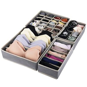 cozycat underwear drawer organizer dividers for bra and socks 4-pack, foldable underware drawer organizers, clothing storage boxes, suit for lingerie, bras, socks, ties. (6+7+8+24 cell), gery