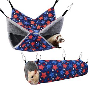 petonfun ferret rat hammock set guinea pig hideout bed,soft hamster toys hanging tunnels and tubes,plush small animal pet chinchilla for cage accessories hide,play and sleep,2 pack,blue star