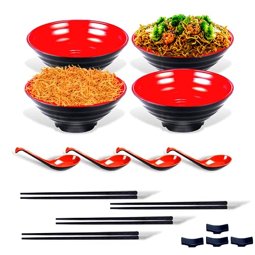 Phobowl, Set of 4(20 pcs) Cute Ramen Bowl with chopsticks- 32 OZ Japanese Style Noodle Soup Bowls Set and Asian Soup Spoons- Large Bowls for Salad, Udon,Soba,Pho, Rice, Noodles with Chopstick Holders